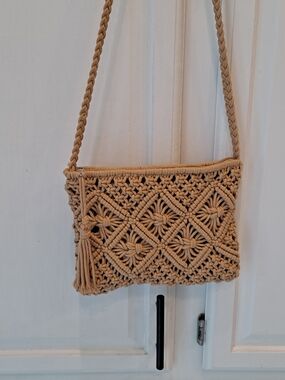 Handcrafted Macramé Woven Crossbody Bag in Tan with Tassel Pull